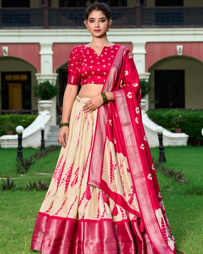 Red Color Dola Silk Shibori Print  South Indian Half Saree Lehenga Choli