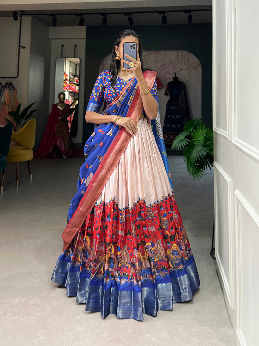 Red Color Kalamkari Print With Weaving Work Dola Silk Lehenga Choli