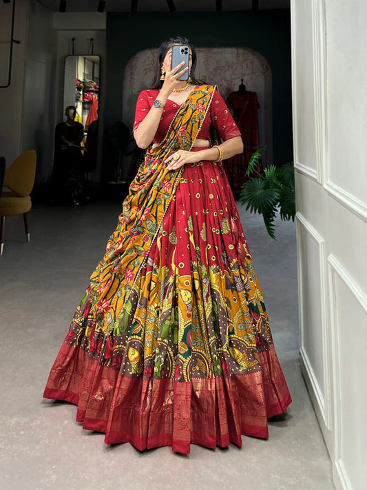 Red Color Kalamkari Print With Foil Work Tussar Silk Lehenga Choli
