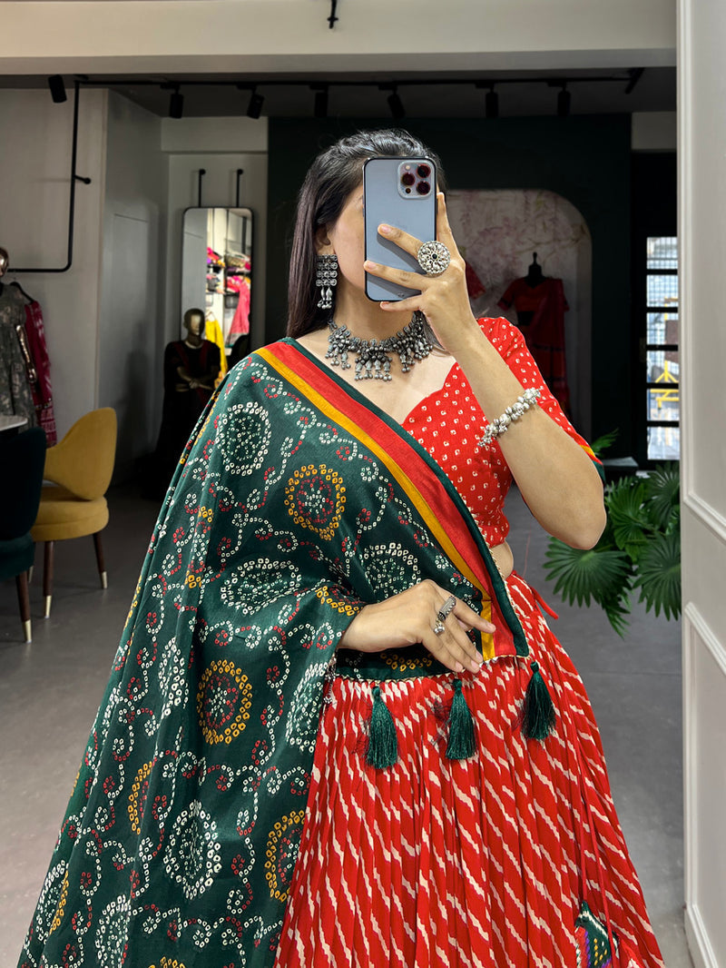 Red Color Leheriya With Patola Print Tussar Silk Lehenga Choli