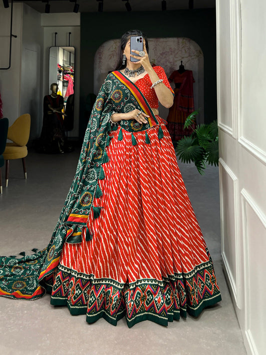 Red Color Leheriya With Patola Print Tussar Silk Lehenga Choli