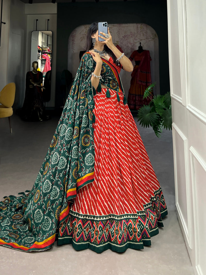 Red Color Leheriya With Patola Print Tussar Silk Lehenga Choli