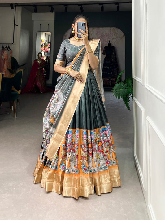 See Green Color Kalamkari Print With Weaving Border Dola Silk Lehenga Choli
