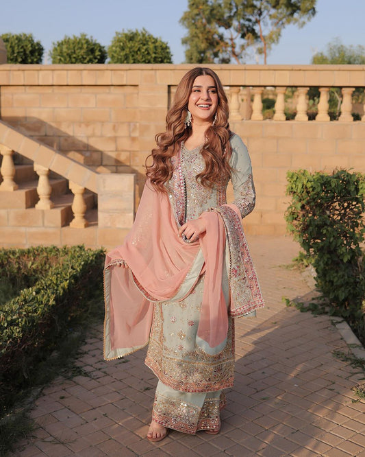 Shriyanshi Sky Blue Embroidered Kurti Palazzo Set