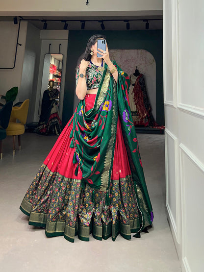 Red Color Print With Foil Work Tussar Silk Lehenga Choli