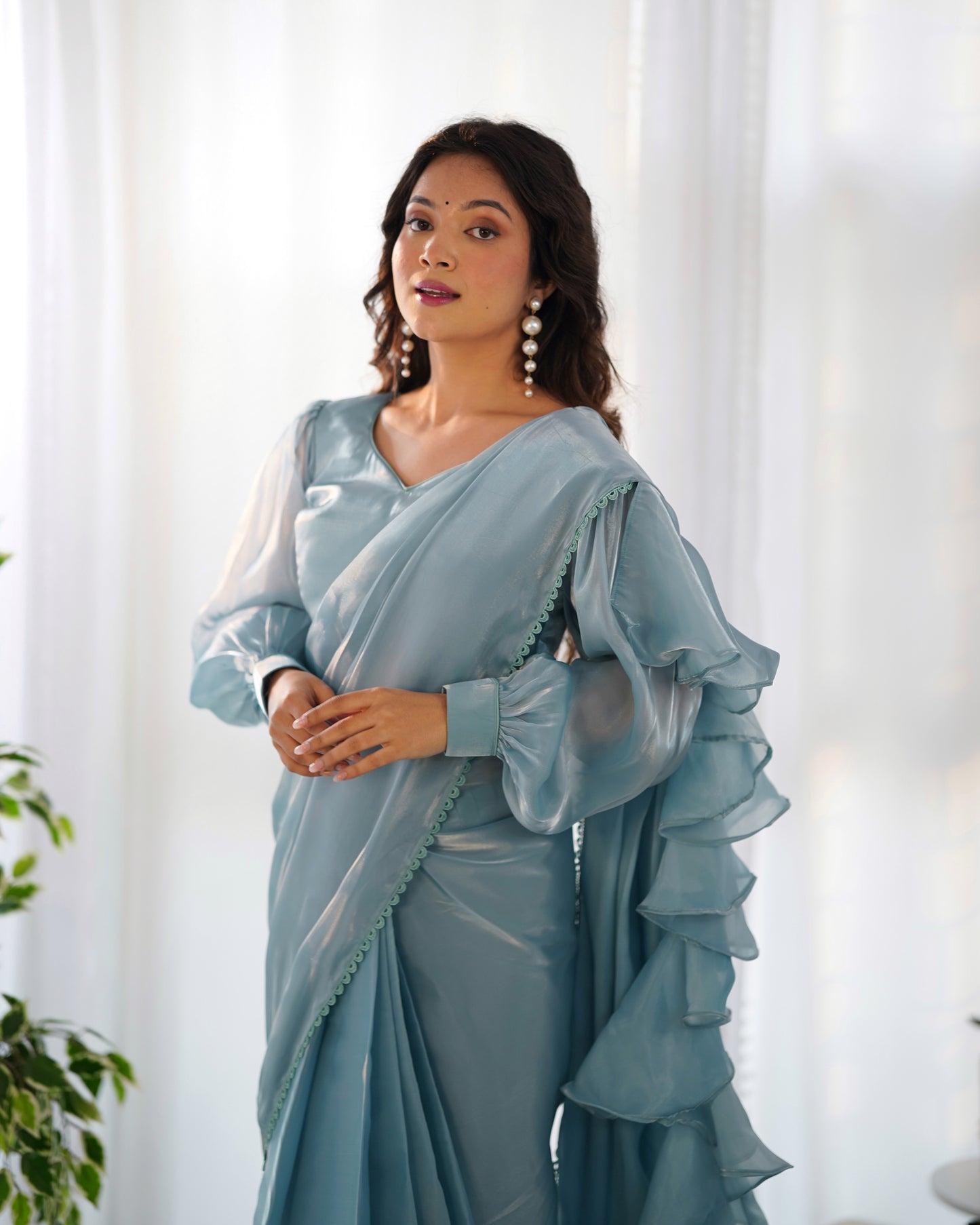 Sky Blue Color Jimmy Choo Pre Draped Saree