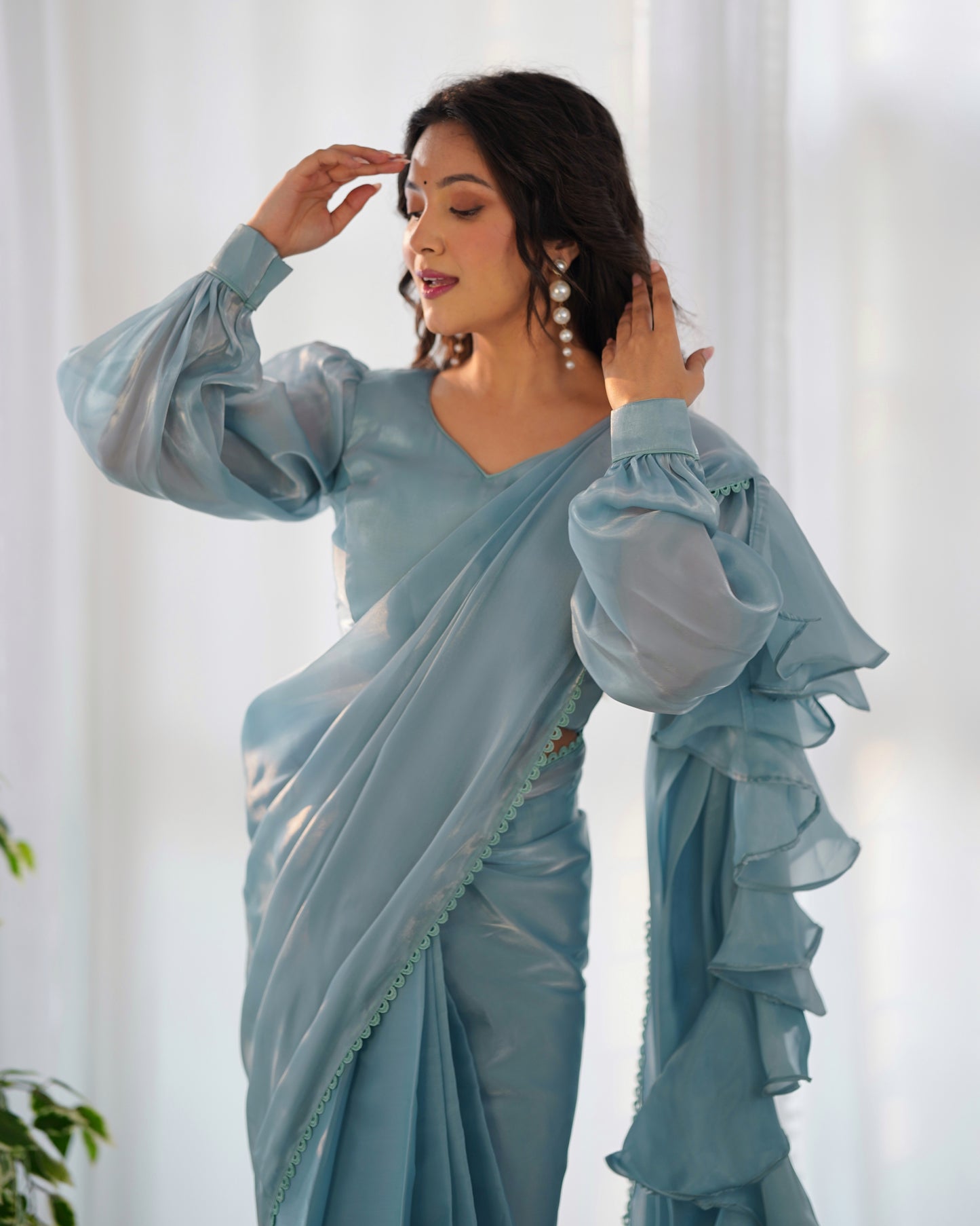 Sky Blue Color Jimmy Choo Pre Draped Saree