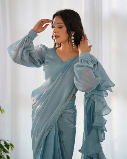 Sky Blue Color Jimmy Choo Pre Draped Saree