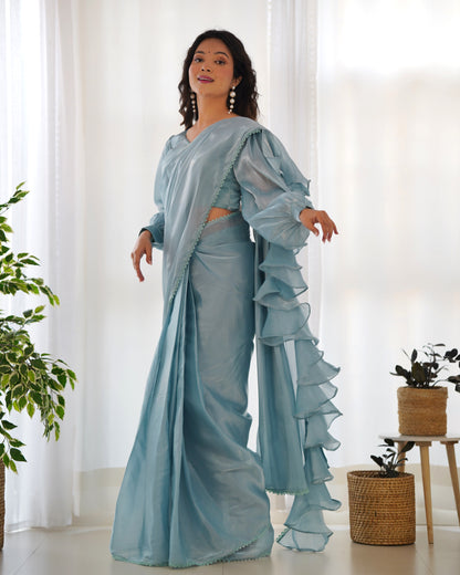 Sky Blue Color Jimmy Choo Pre Draped Saree