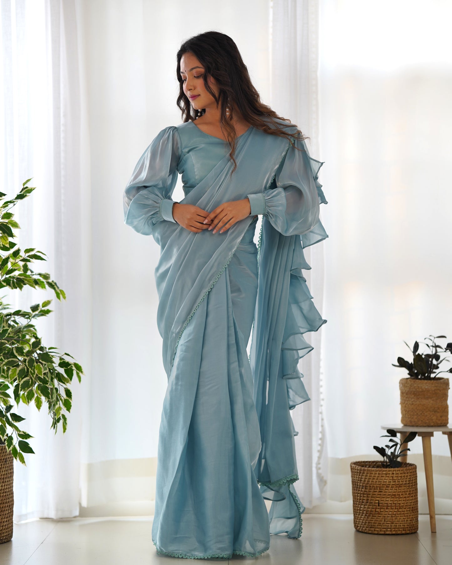 Sky Blue Color Jimmy Choo Pre Draped Saree