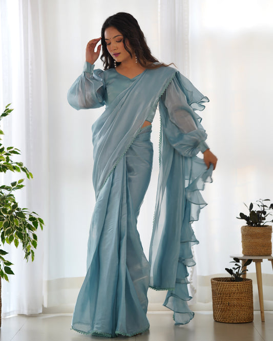 Sky Blue Color Jimmy Choo Pre Draped Saree