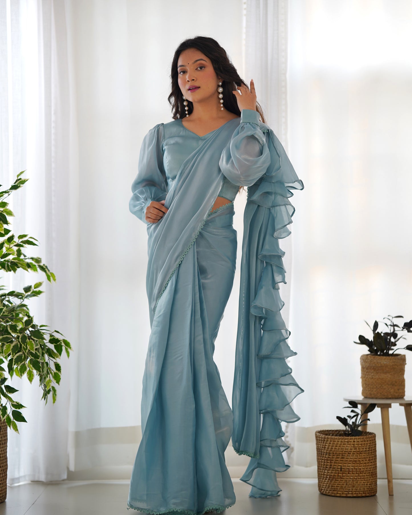 Sky Blue Color Jimmy Choo Pre Draped Saree