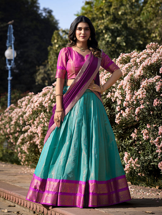 Sky Blue Color Zari Weaving Work Kanchipuram Women Half Saree Lehenga Set