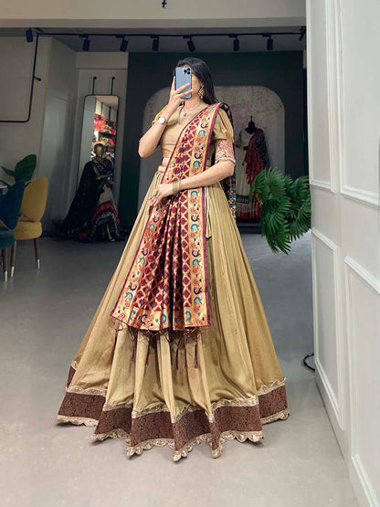 Chiku Color Plain With Jacquard Lace Border Vichitra Silk Lehenga Choli