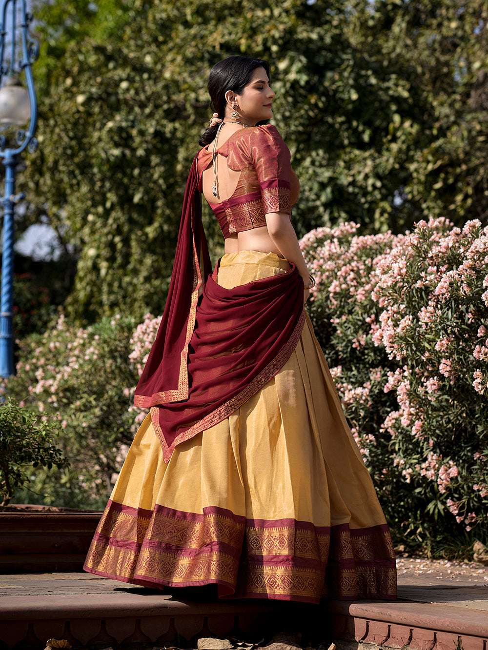 Cream Color Zari Weaving Work Kanchipuram South Indian Half Saree Lehenga Choli