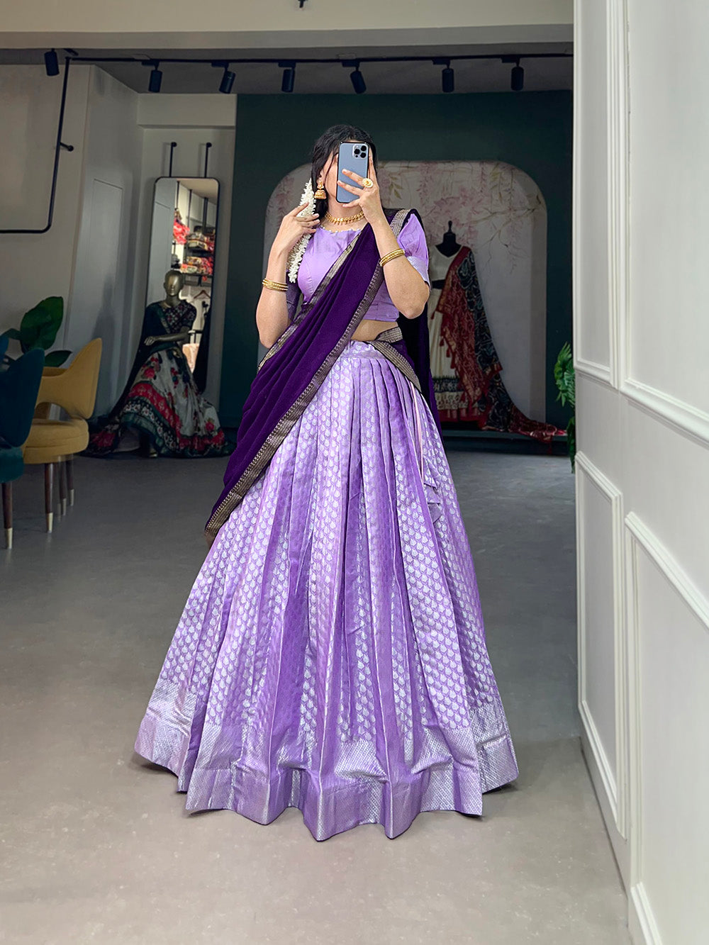 Lavender Color South Indian Weaving Work Jacquard Silk Lehenga Choli