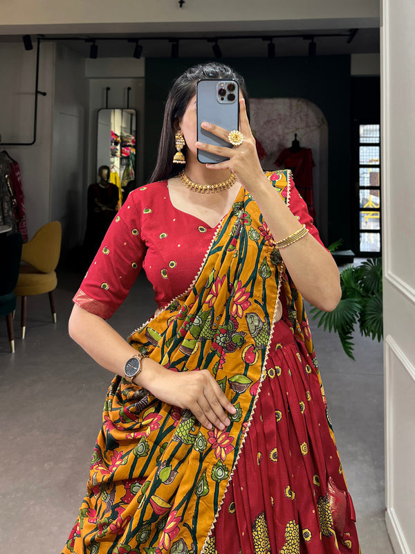 Red Color Kalamkari Print With Foil Work Tussar Silk Lehenga Choli