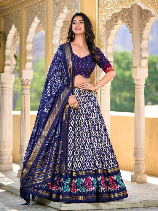 Navy Blue Color Ikkat Print With Foil Work Tussar Silk Lehenga Choli
