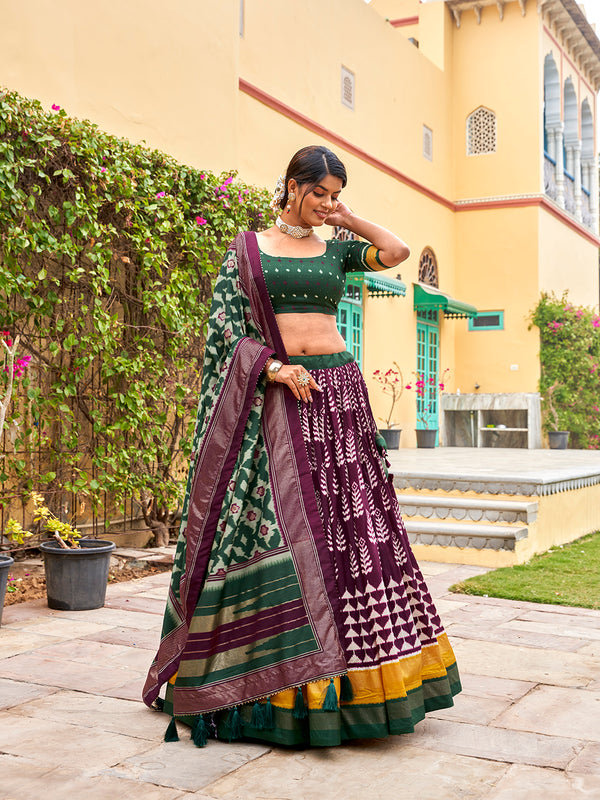 Wine Color Print With Foil Work Tussar Silk Lehenga Choli