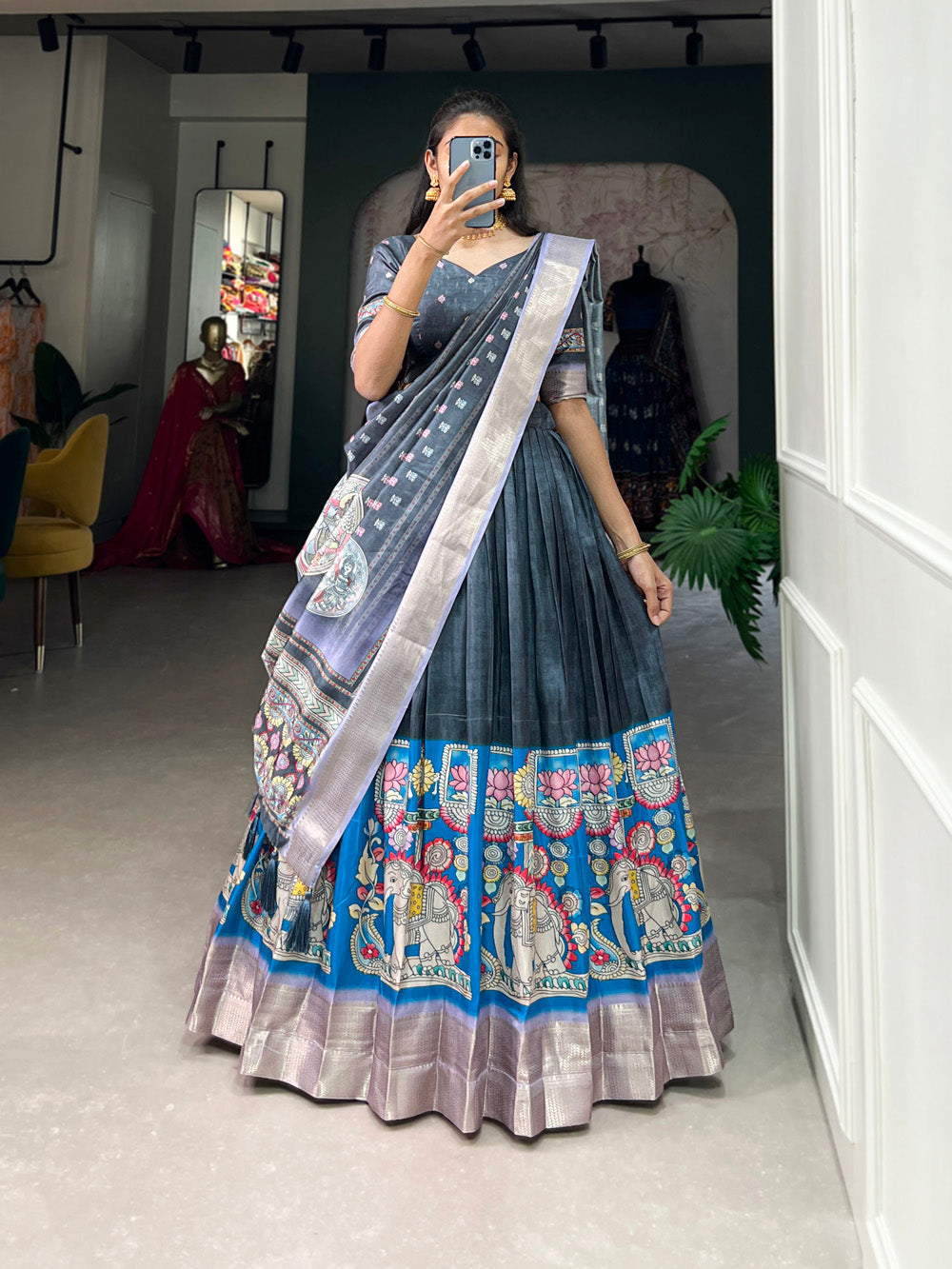 Grey Color Kalamkari Print With Weaving Border Dola Silk Lehenga Choli