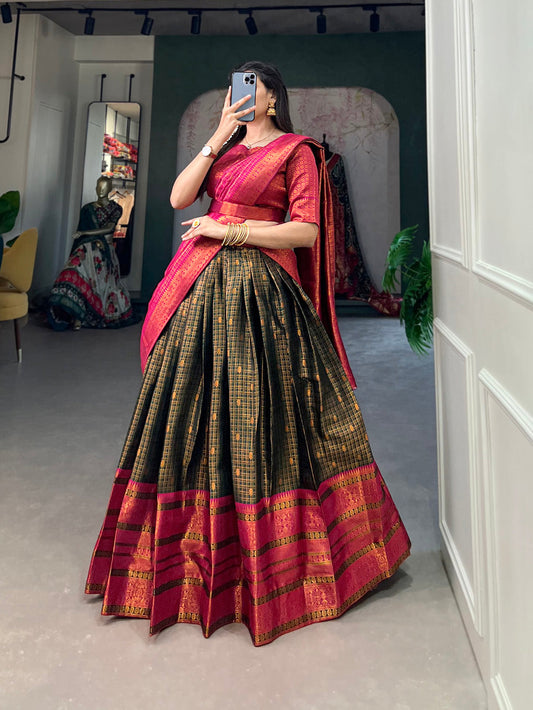 Green Color Zari Weaving Work Jacquard Silk Lehenga Choli