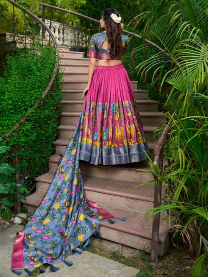Pink Color Kalamkari Print With Zari Weaving Dola Silk South Indian Lehenga Choli