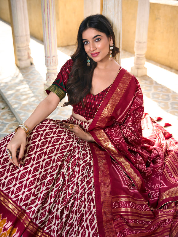 Maroon Color Ikkat Print With Foil Work Tussar Silk Lehenga Choli