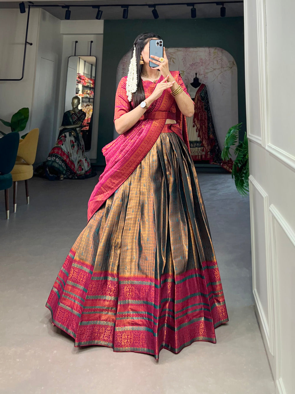 Firozi Color Zari Weaving Work Jacquard Silk Lehenga Choli