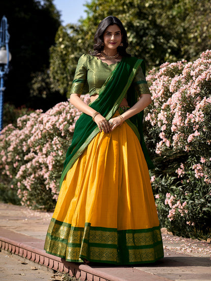 Yellow Color Zari Weaving Work Kanchipuram Haldi South Indian Half Saree Lehenga Set