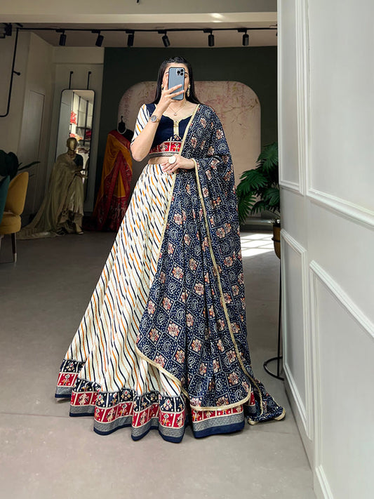 Navy Blue Color Laheriya With Patola Print Cotton Lehenga Choli