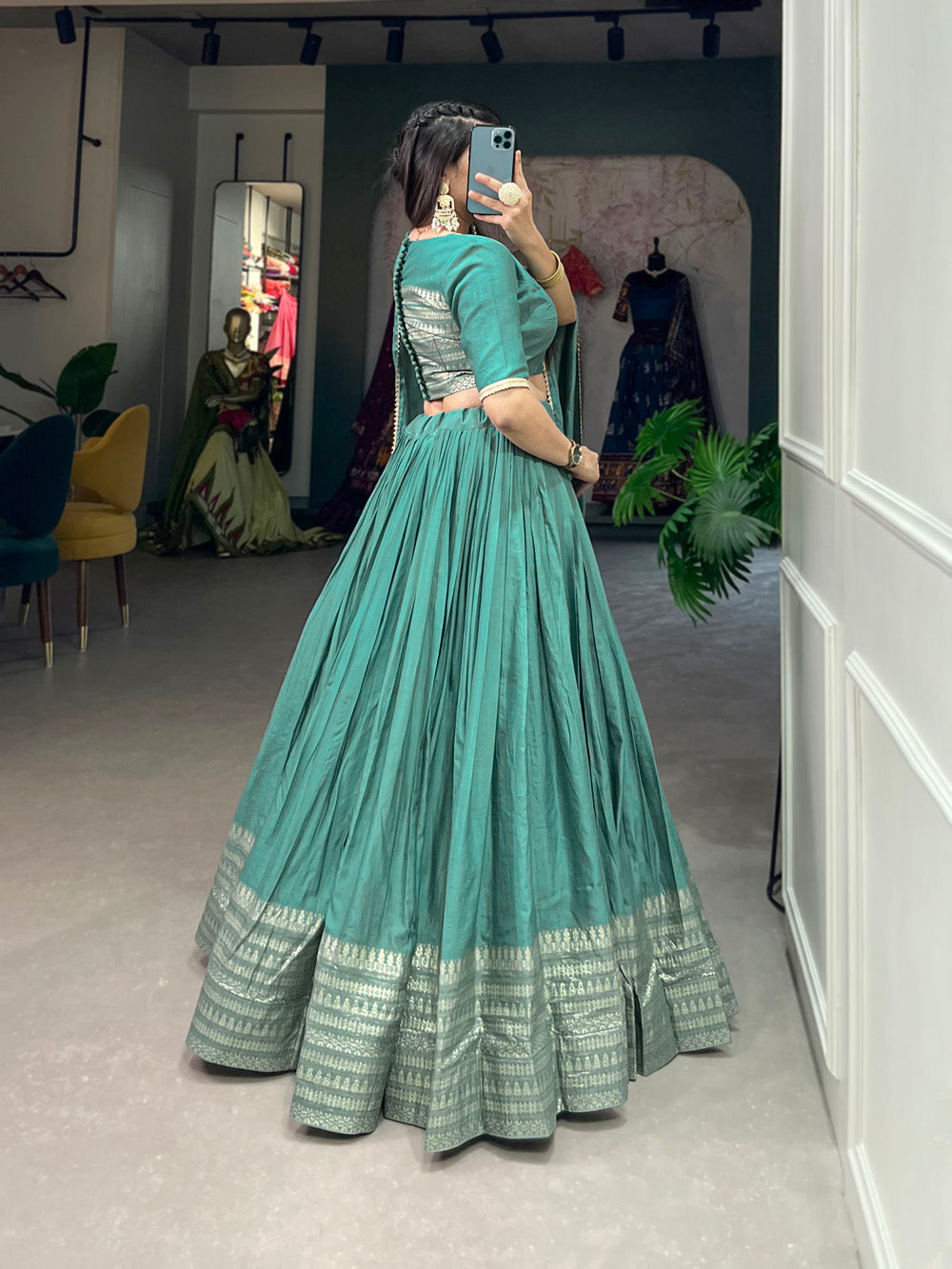 See Green Color Plain With Zari Weaving Work Border Chanderi Wedding Lehenga Choli