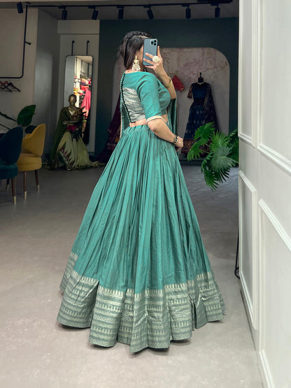 See Green Color Plain With Zari Weaving Work Border Chanderi Wedding Lehenga Choli