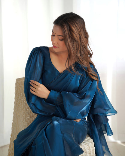 Teal Blue Color Jimmy Choo Pre Draped Saree