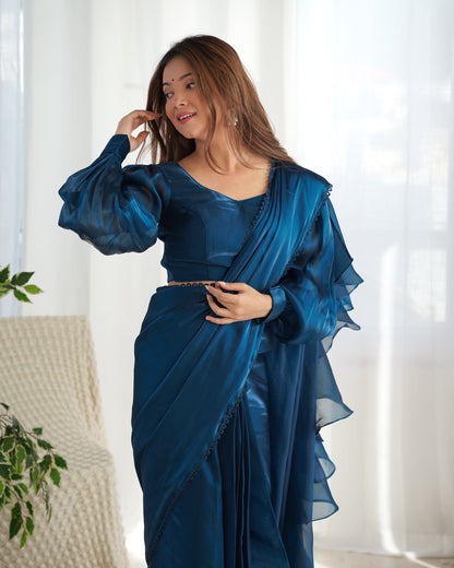 Teal Blue Color Jimmy Choo Pre Draped Saree