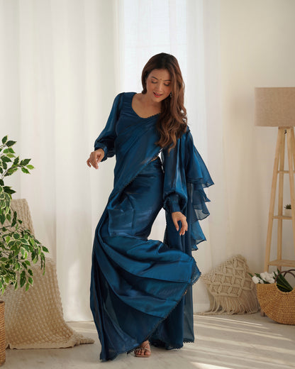 Teal Blue Color Jimmy Choo Pre Draped Saree