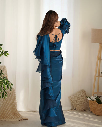 Teal Blue Color Jimmy Choo Pre Draped Saree