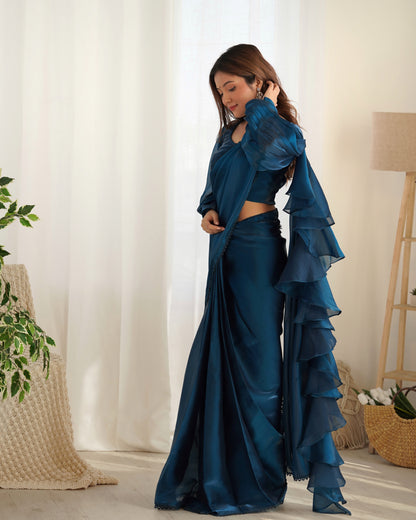 Teal Blue Color Jimmy Choo Pre Draped Saree