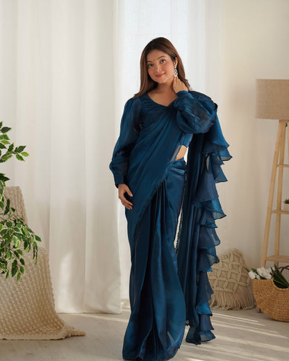 Teal Blue Color Jimmy Choo Pre Draped Saree