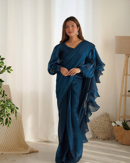 Teal Blue Color Jimmy Choo Pre Draped Saree