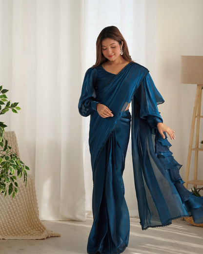 Teal Blue Color Jimmy Choo Pre Draped Saree