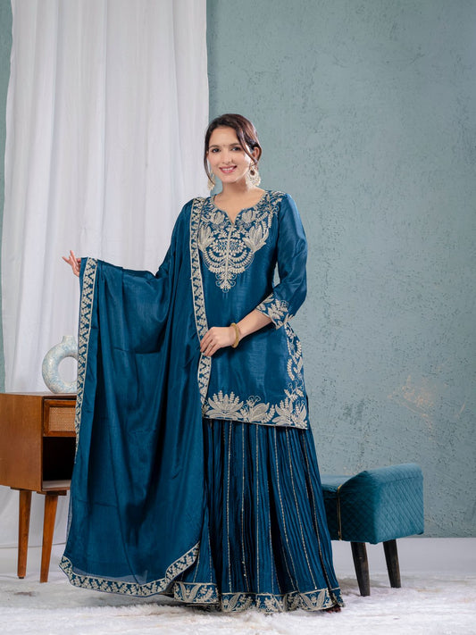 Teal Blue Color Pure Heavy Chinon Silk With Heavy Embroidery Coding Sequence Work Sharara Suit