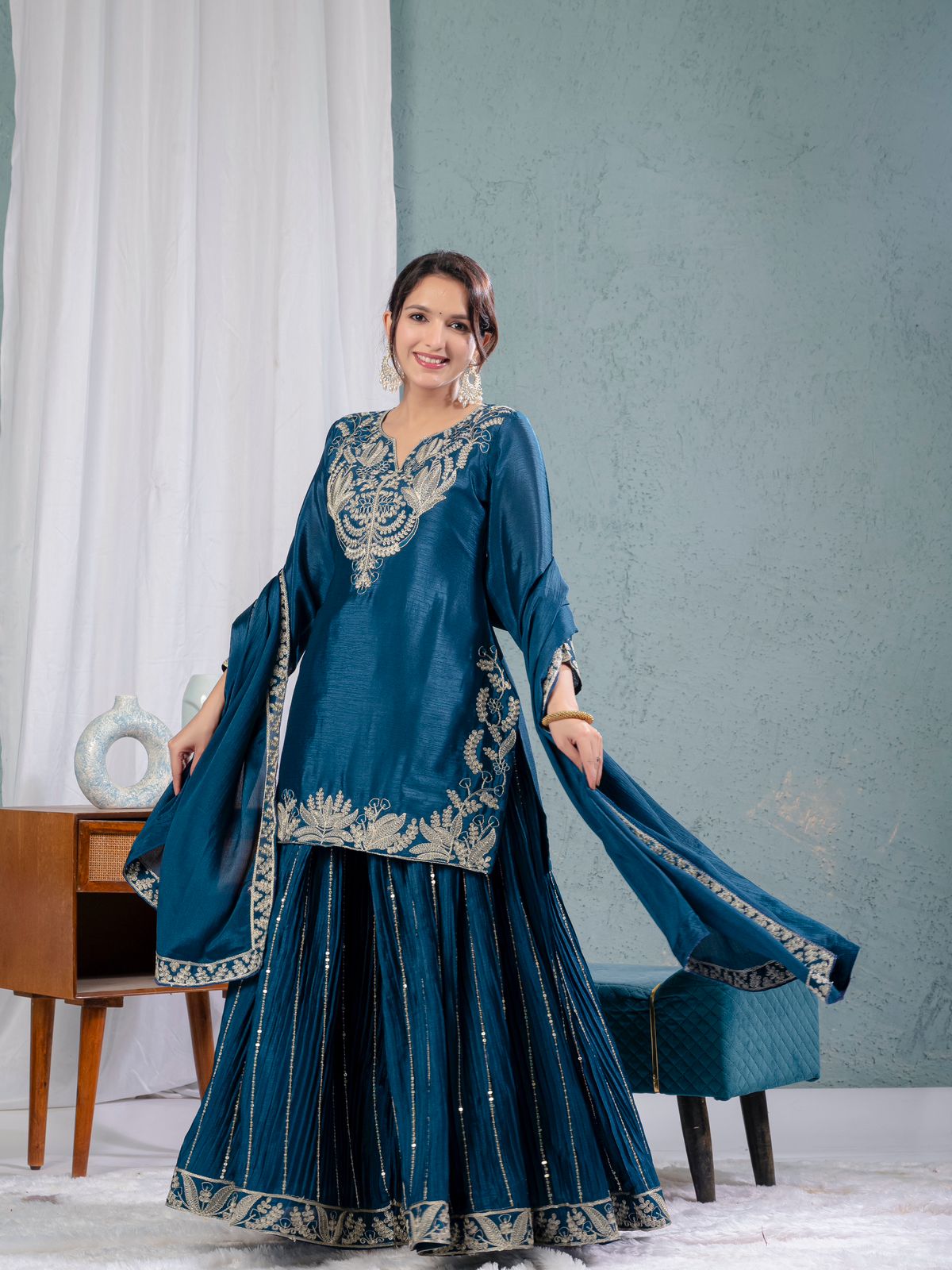 Teal Blue Color Pure Heavy Chinon Silk With Heavy Embroidery Coding Sequence Work Sharara Suit