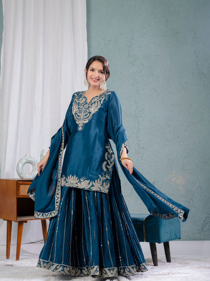 Teal Blue Color Pure Heavy Chinon Silk With Heavy Embroidery Coding Sequence Work Sharara Suit