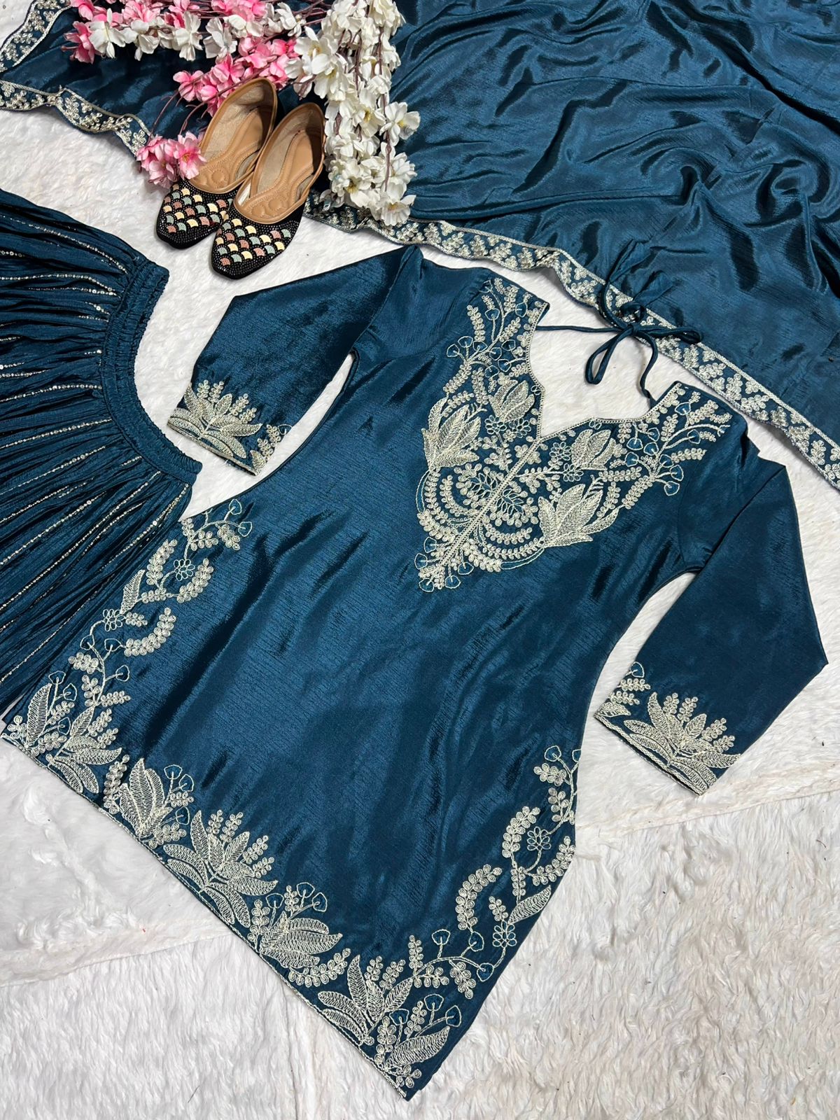 Teal Blue Color Pure Heavy Chinon Silk With Heavy Embroidery Coding Sequence Work Sharara Suit