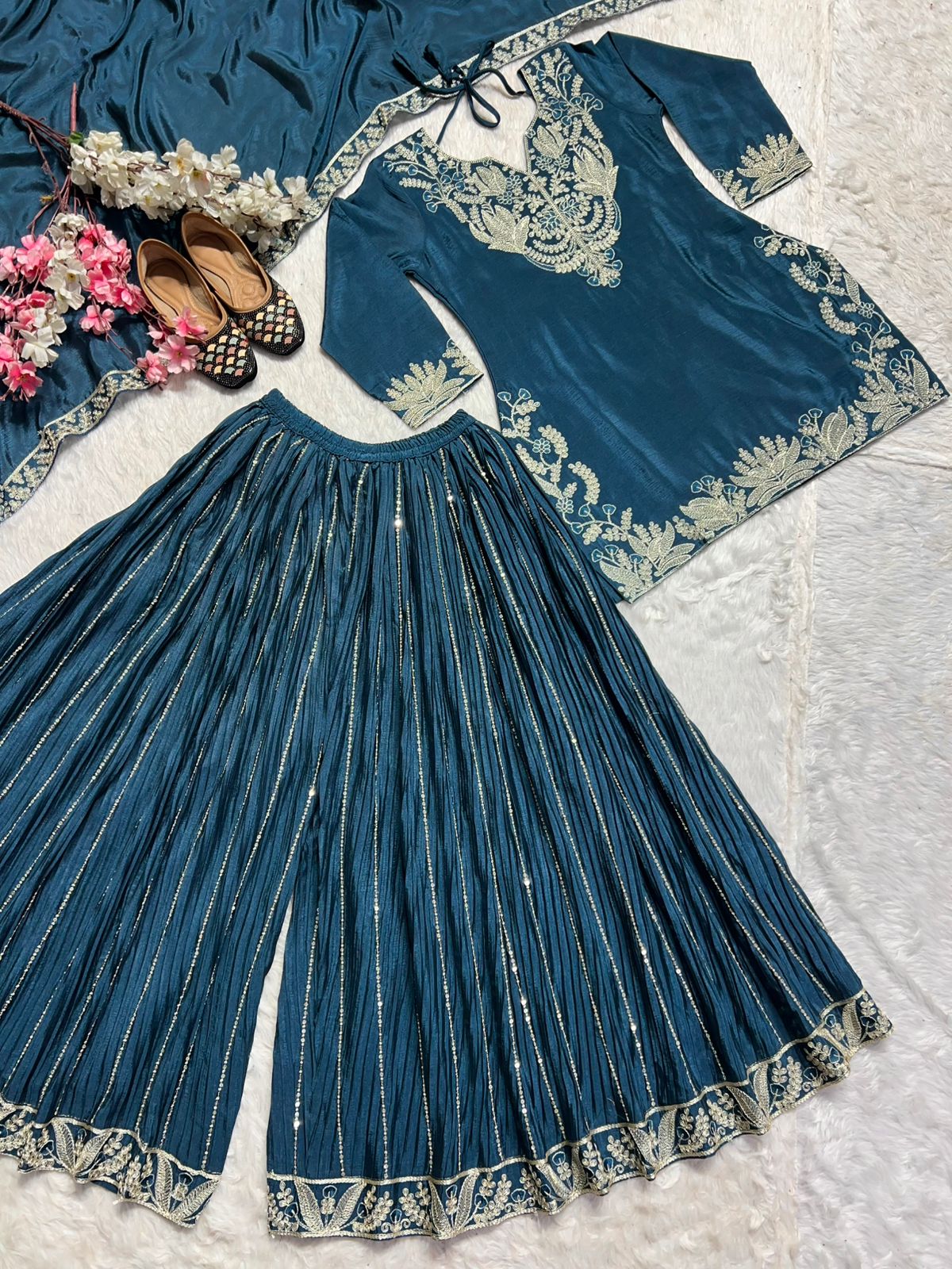 Teal Blue Color Pure Heavy Chinon Silk With Heavy Embroidery Coding Sequence Work Sharara Suit
