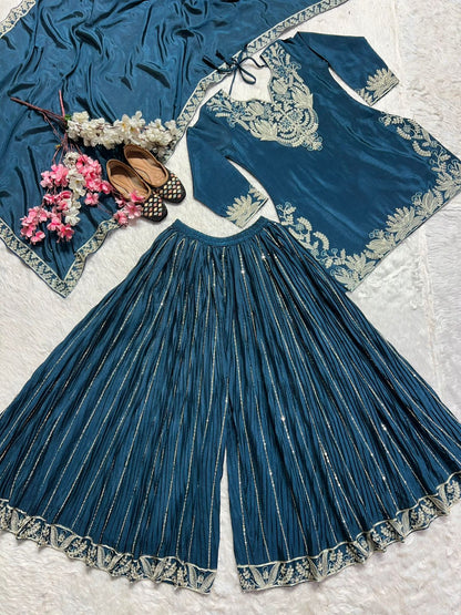 Teal Blue Color Pure Heavy Chinon Silk With Heavy Embroidery Coding Sequence Work Sharara Suit