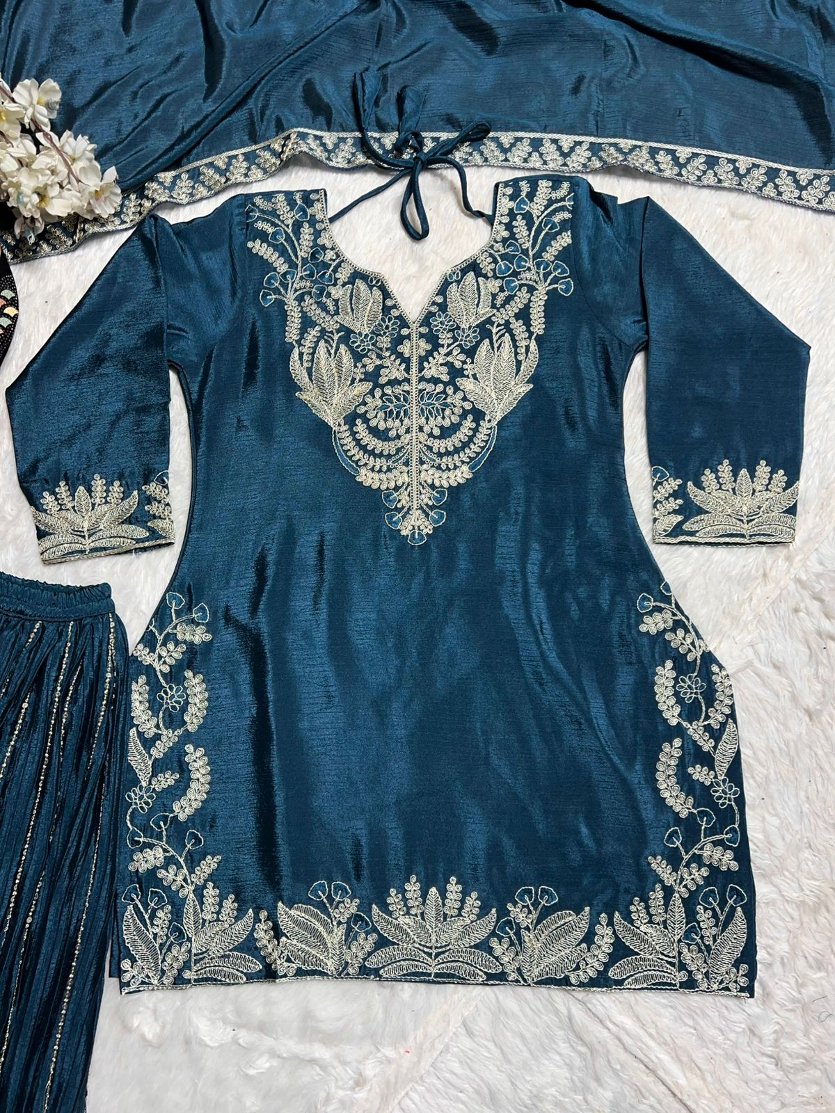 Teal Blue Color Pure Heavy Chinon Silk With Heavy Embroidery Coding Sequence Work Sharara Suit