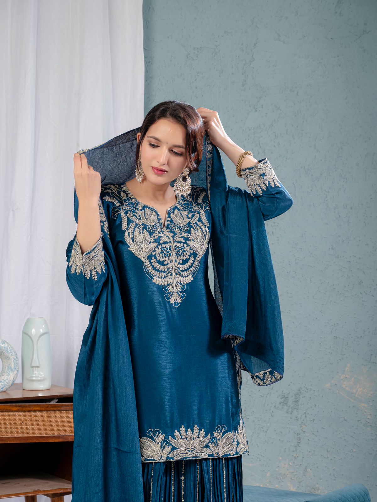 Teal Blue Color Pure Heavy Chinon Silk With Heavy Embroidery Coding Sequence Work Sharara Suit