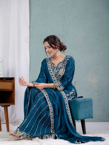Teal Blue Color Pure Heavy Chinon Silk With Heavy Embroidery Coding Sequence Work Sharara Suit