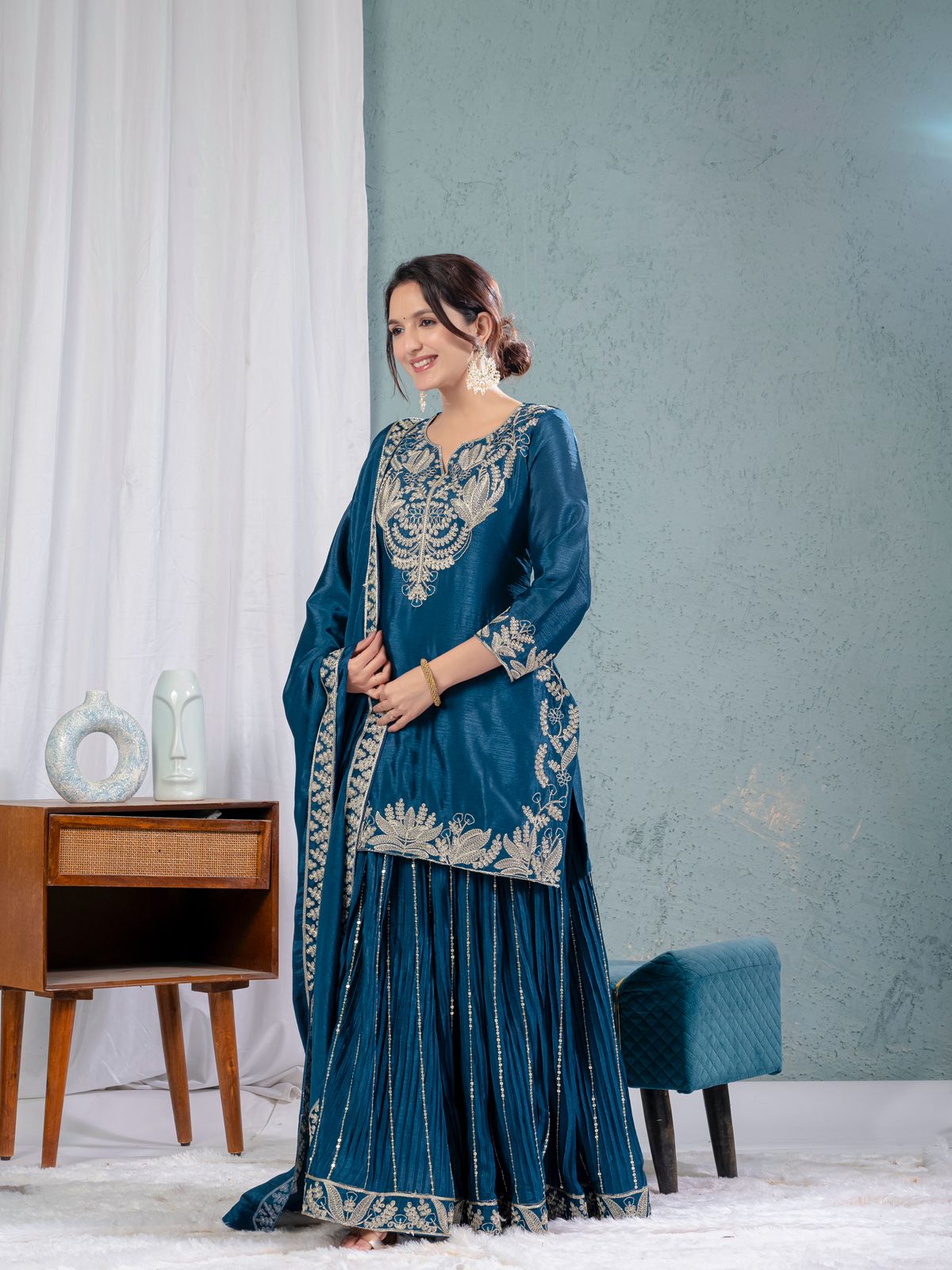Teal Blue Color Pure Heavy Chinon Silk With Heavy Embroidery Coding Sequence Work Sharara Suit
